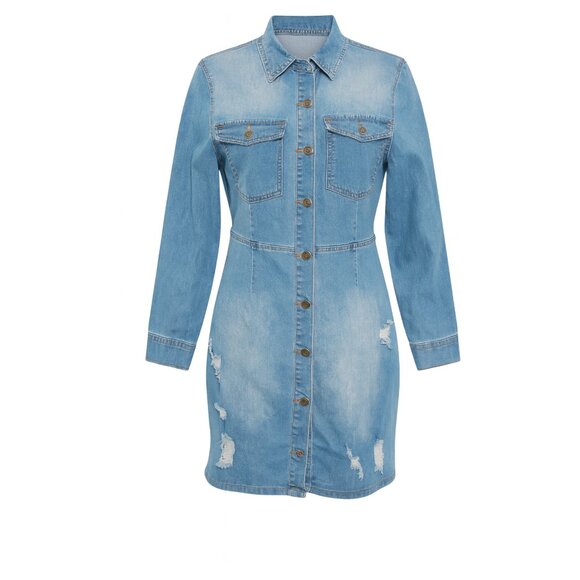 FashionNova Distressed Denim Shirt Dress with Open Back – Size Large - Picture 1 of 4